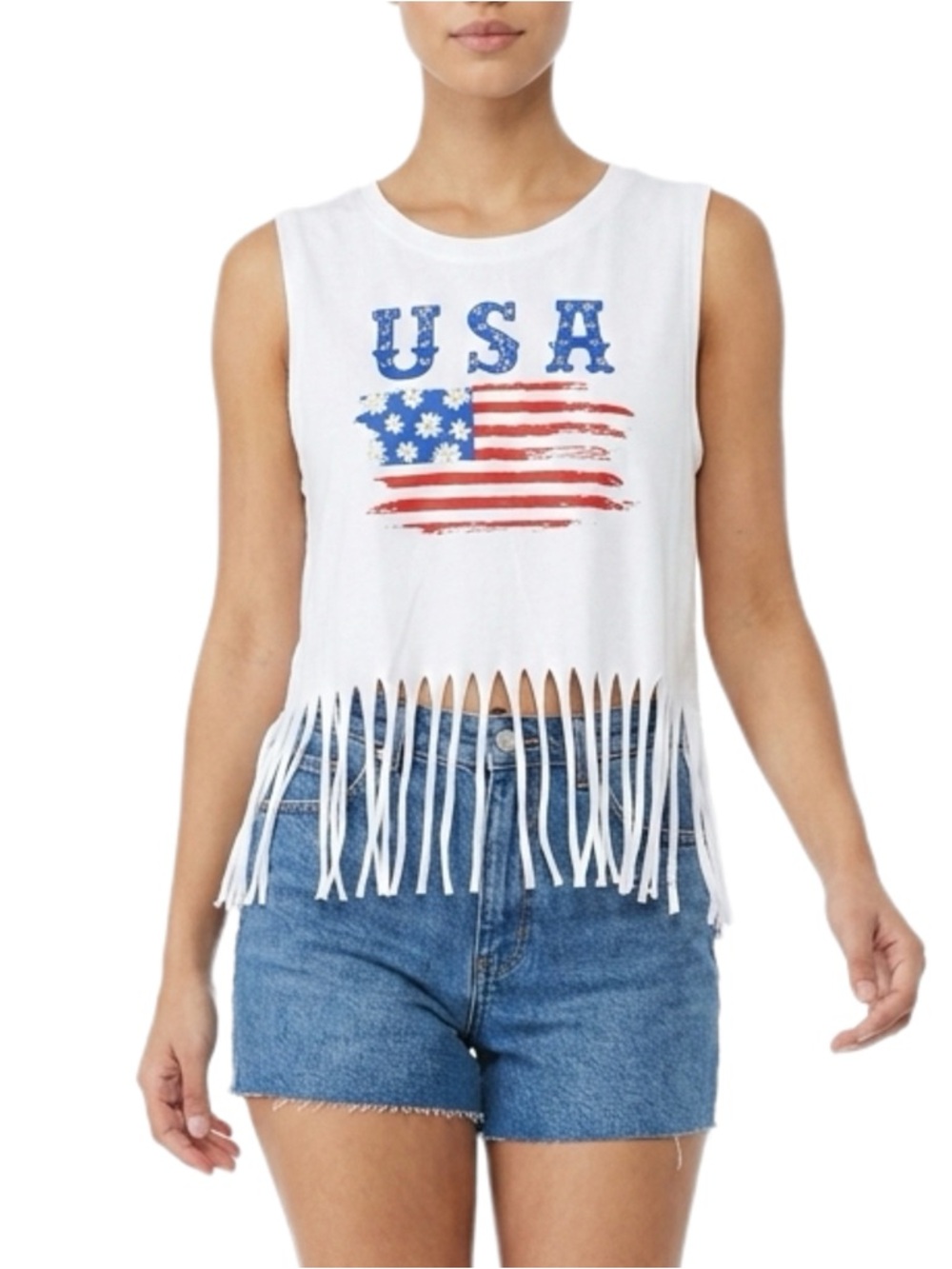 White USA Graphic Fringe Crop Tank Top XL Women’s